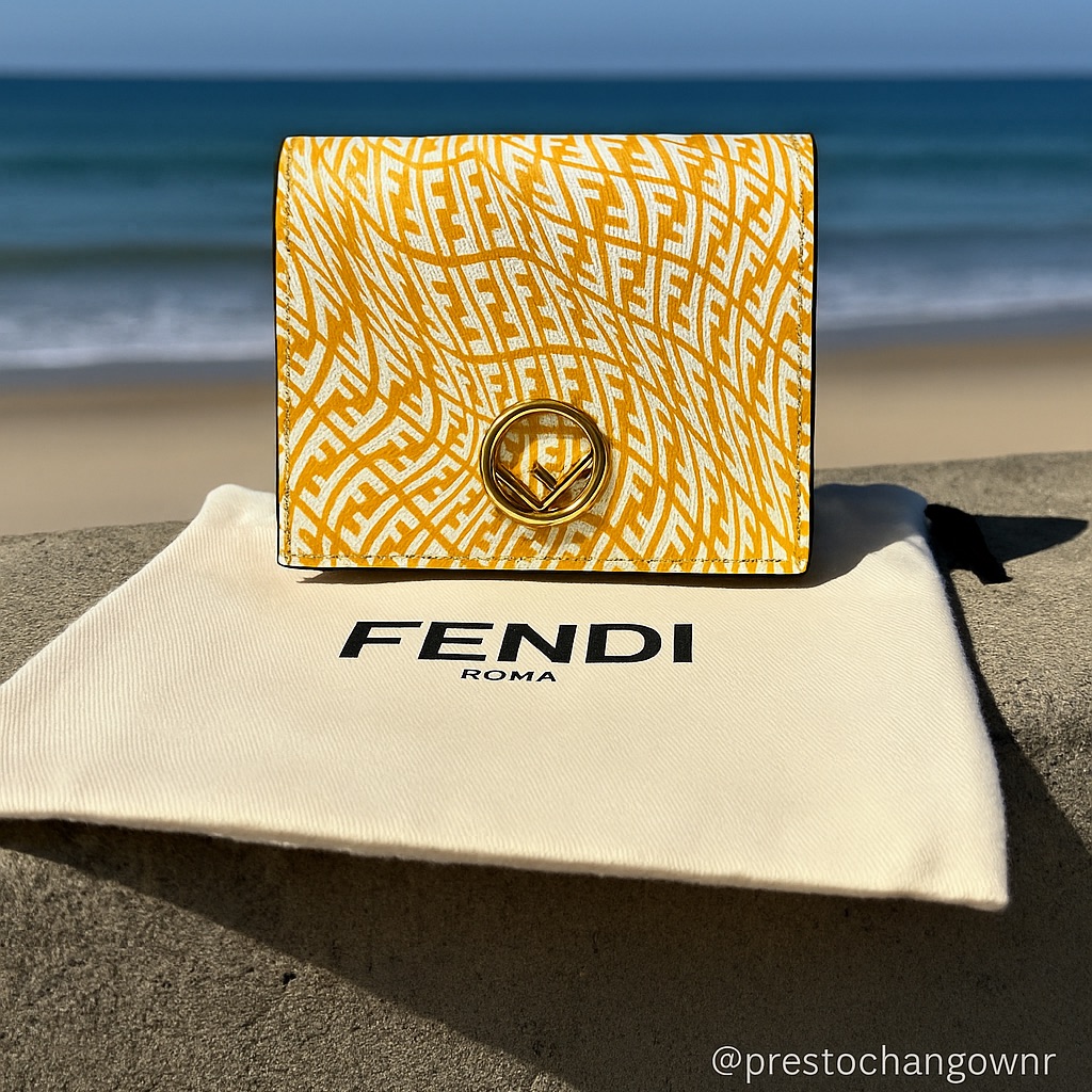 Fendi Ff Vertigo Small Wallet Yellow White Logo With Dust Bag & Cards